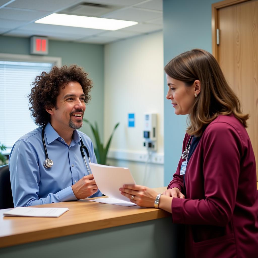 Patient discussing insurance coverage with receptionist