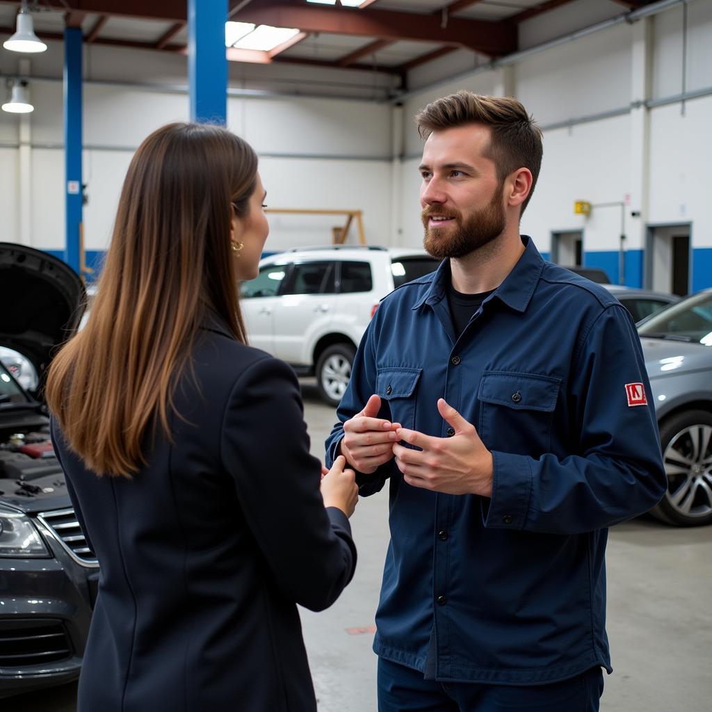 Customer Discussing Car Issues with Mechanic in Pershore