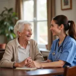 Elderly woman smiling while talking to a caregiver