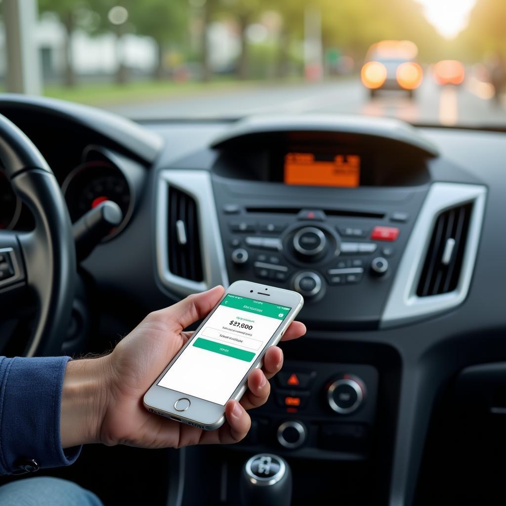 Passenger using smartphone to pay for their cab car service