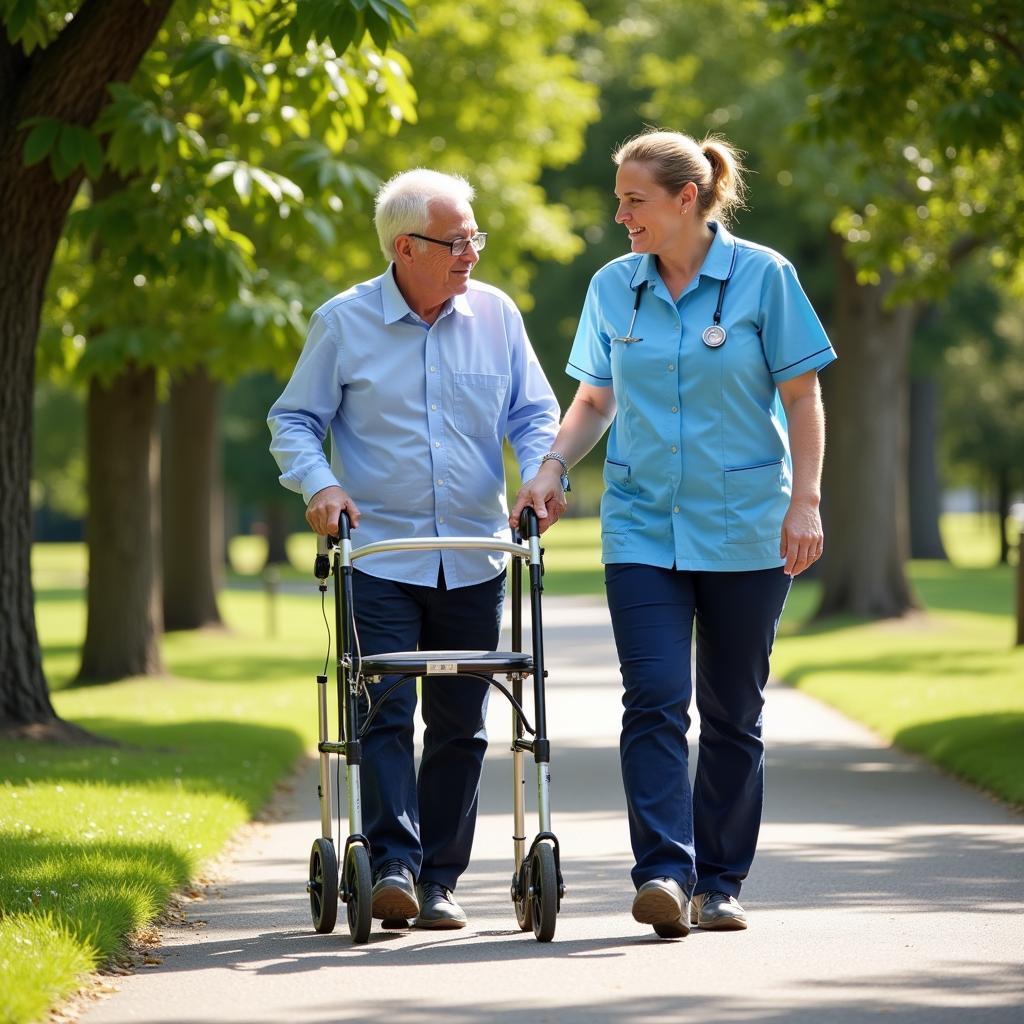 A personal care aide helps a senior man walk in the park using a walker.