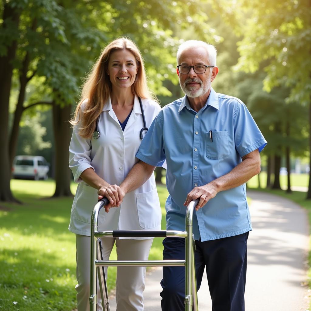 Caregiver assisting an elderly man with walking using a walker.