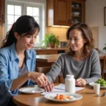 Elderly woman receiving assistance with medication from a caregiver at home