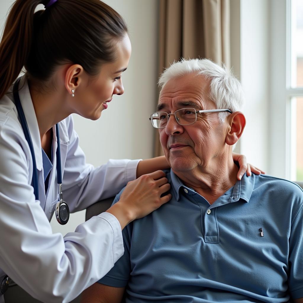 Personal care worker comforting an elderly man