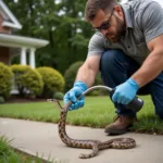 Pest Control Technician Carefully Removing a Snake