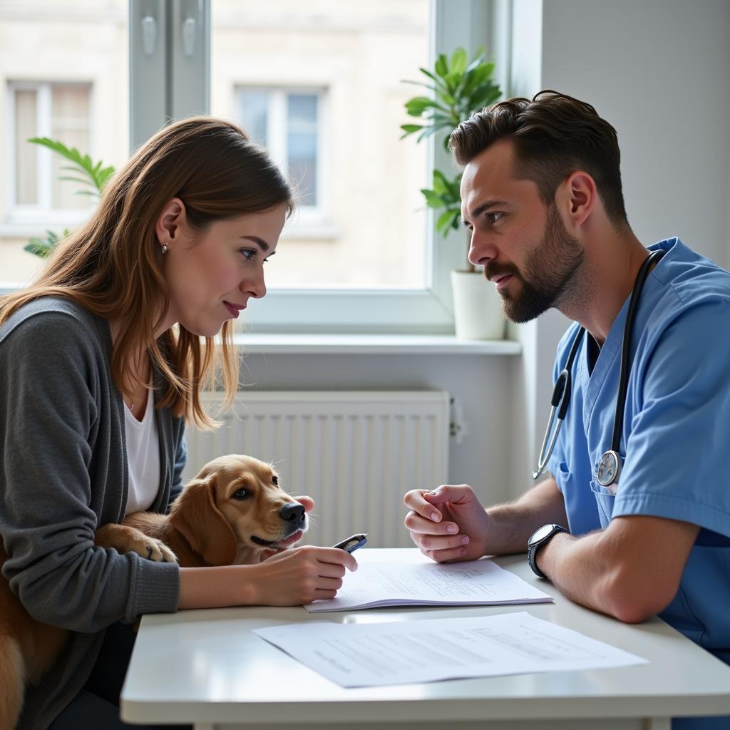 Pet owner discussing treatment costs with a veterinarian