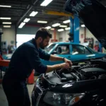 Mechanic inspecting a car in a Philadelphia repair shop