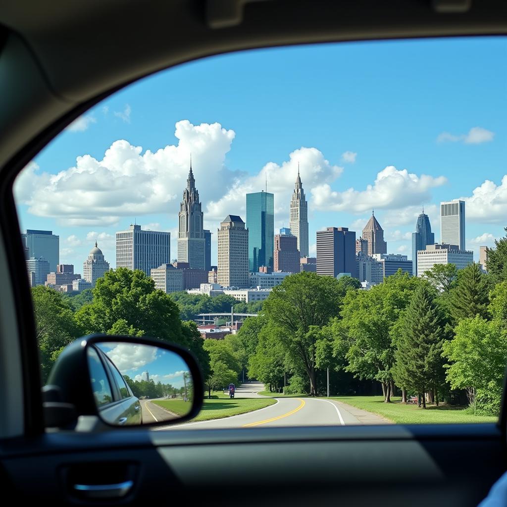  A view of the Philadelphia skyline from a car window