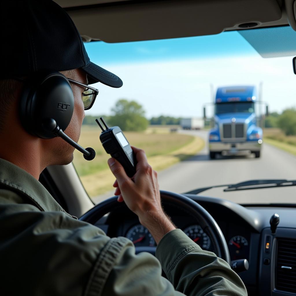 Pilot car driver communicating with truck driver