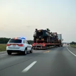 Pilot car escorting an oversize load on an Oklahoma highway