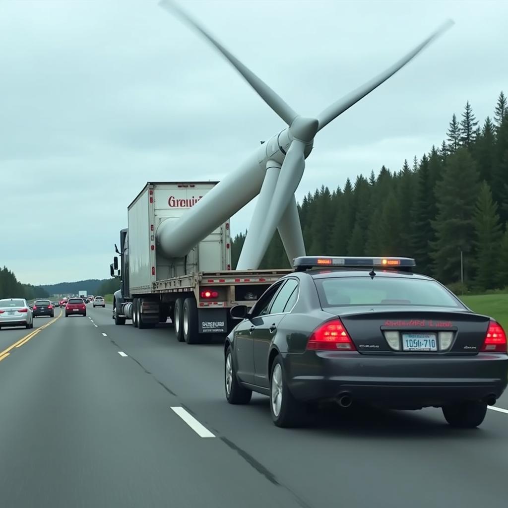 Pilot car escorting truck on highway