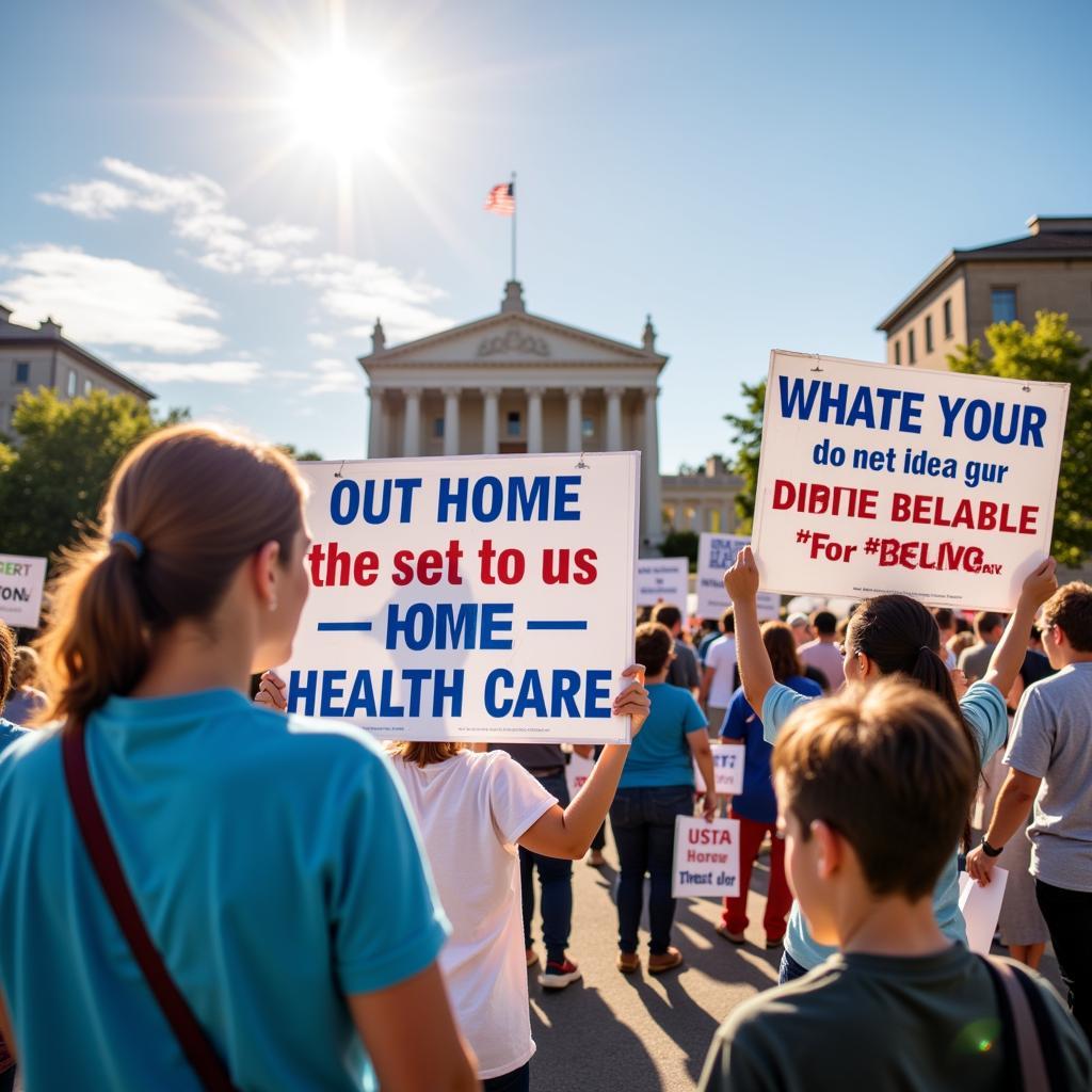 People holding signs advocating for home health care policies.