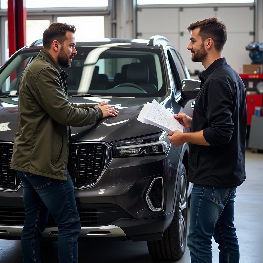 Pontiac owner discussing repairs with a mechanic