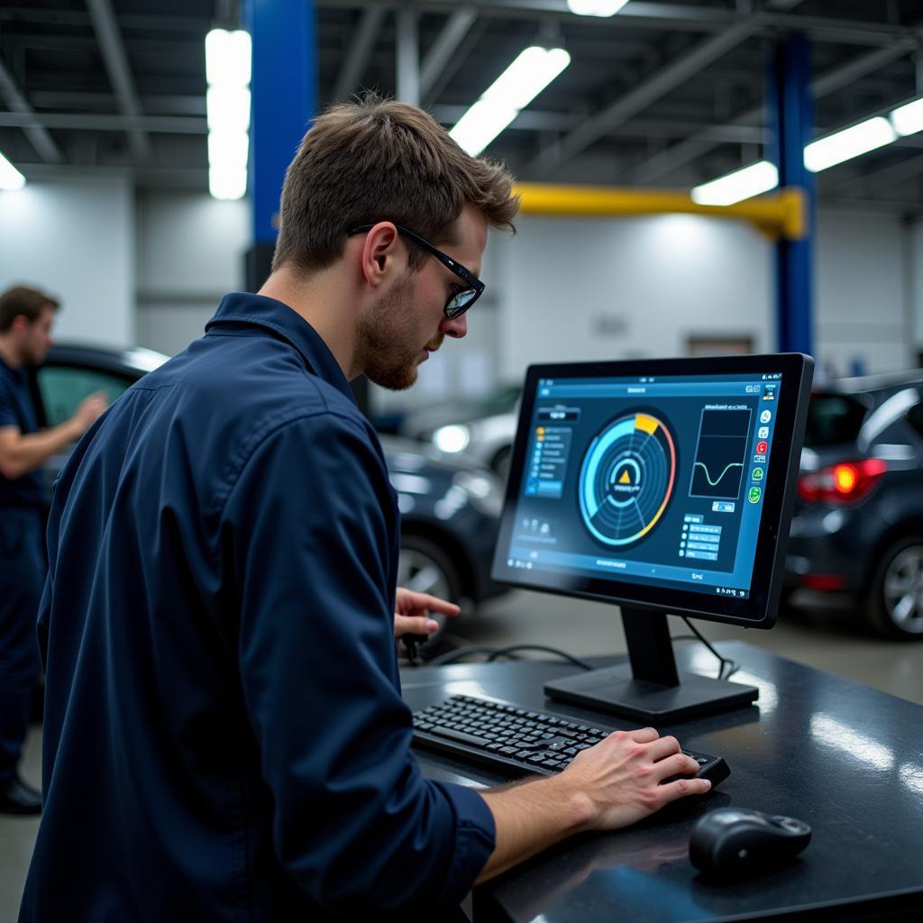 Mechanic using diagnostic equipment in a Prague car service center