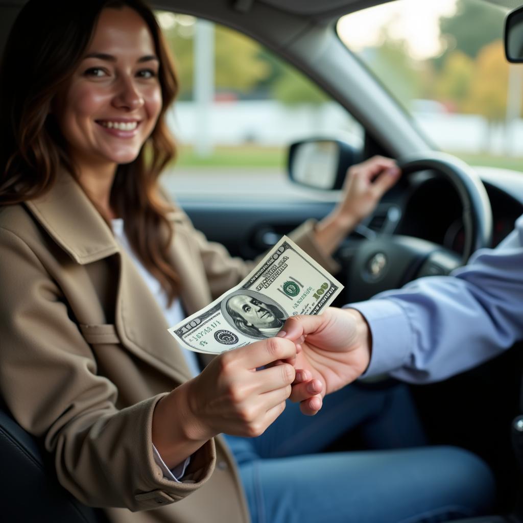 Tipping a driver cash for a prepaid car service.