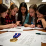 Students reviewing college applications with the Presidential Service Award medal displayed