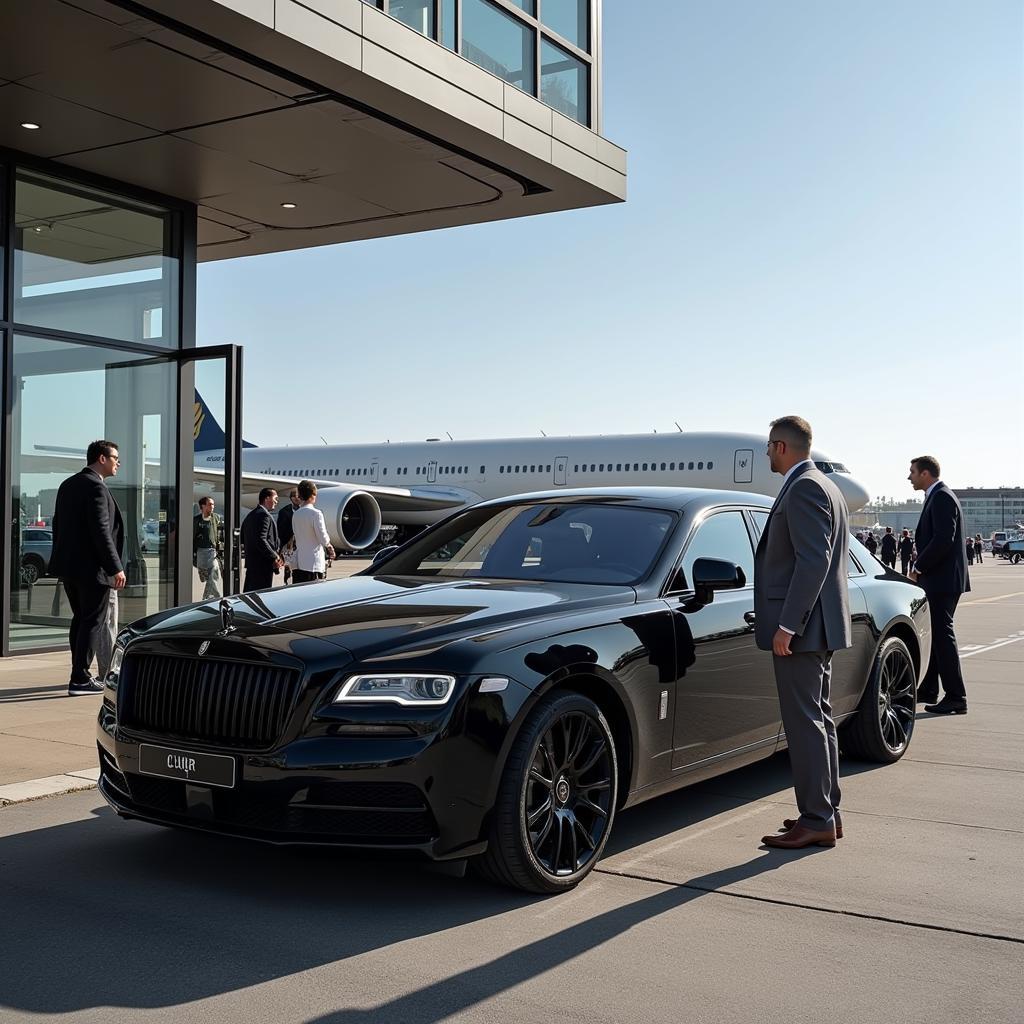  A black car parked at an airport curbside for a private airport transfer.