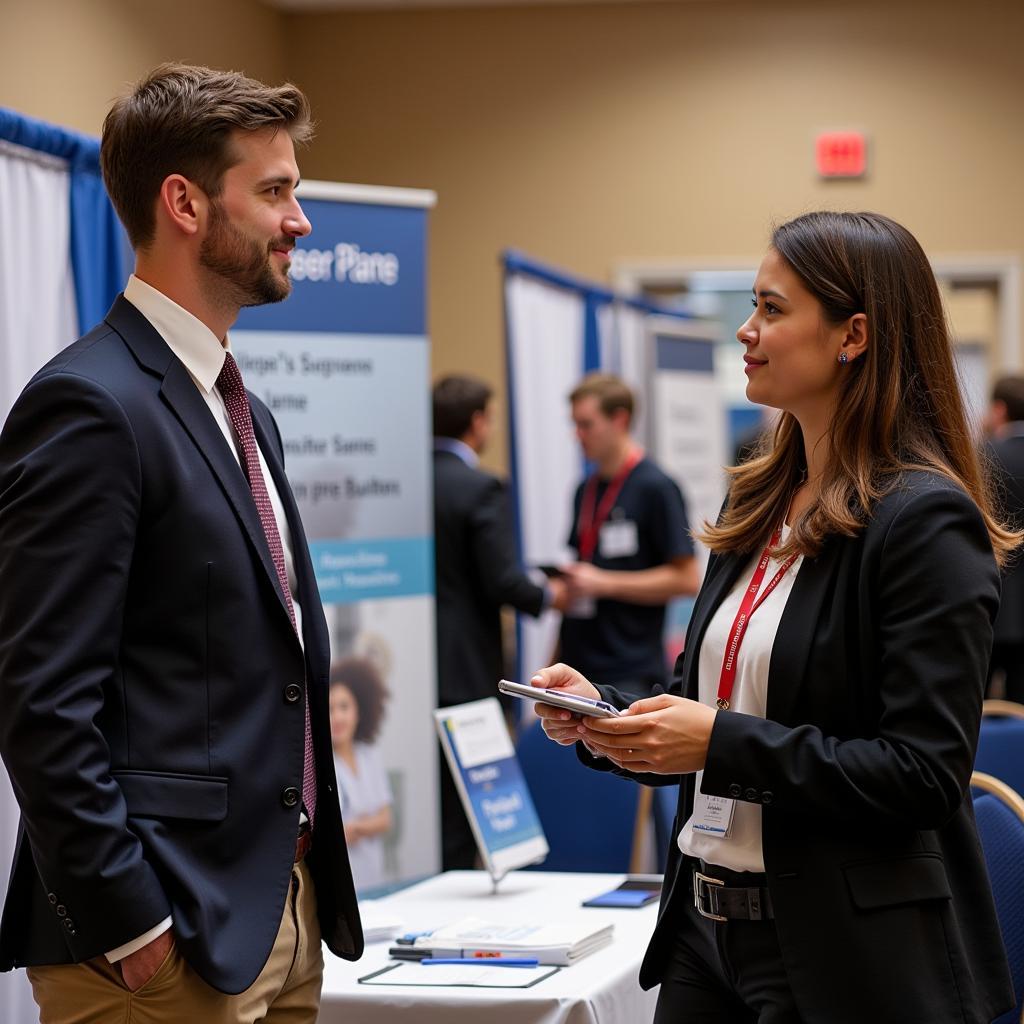 A recruiter smiling while talking to a student dressed in a suit.