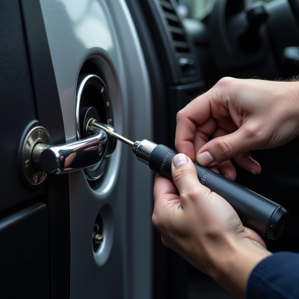 Professional car lockout technician working on a car door lock