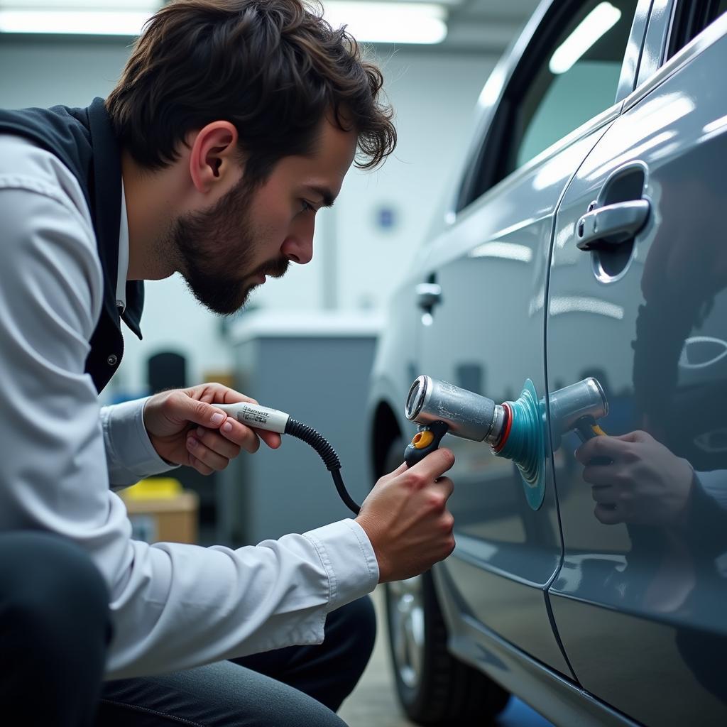 Professional car paint repair process in action