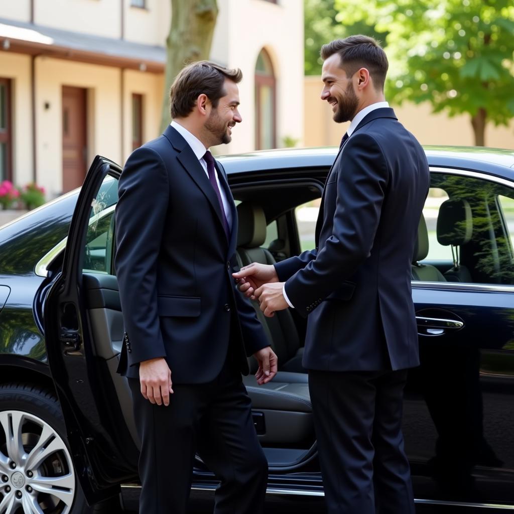 Professional chauffeur assisting passenger