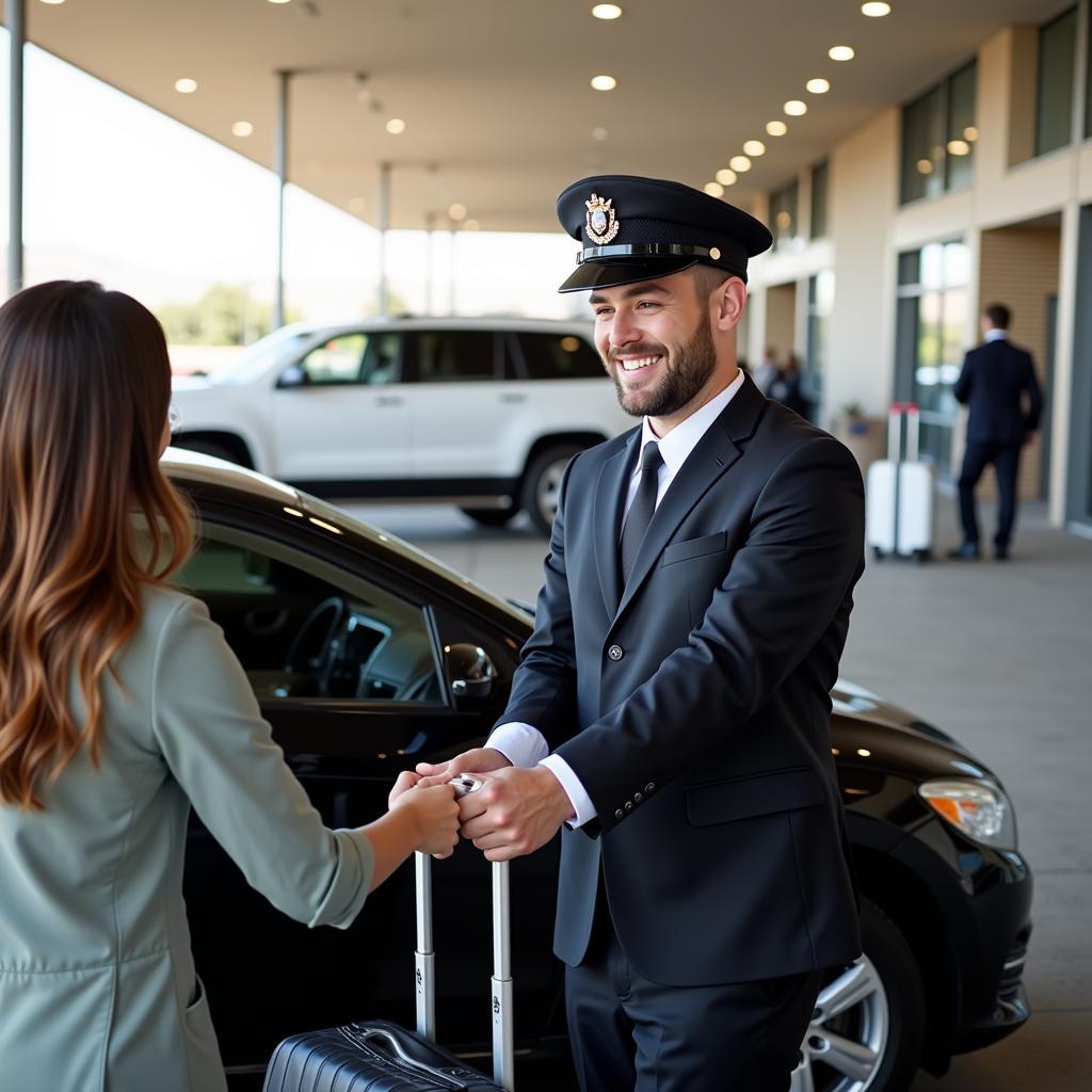 Professional chauffeur assisting passenger with luggage at ABQ Airport