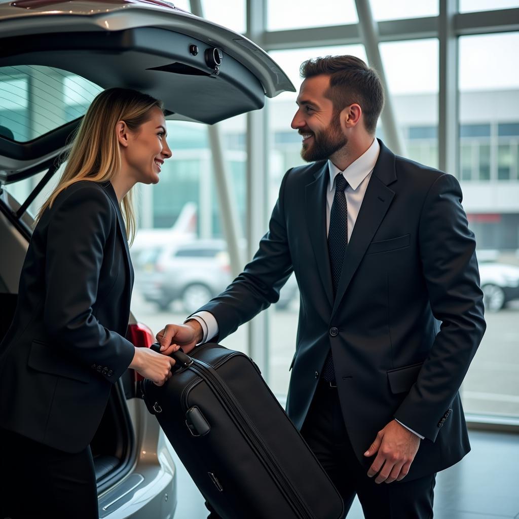 Professional chauffeur assisting passenger with luggage