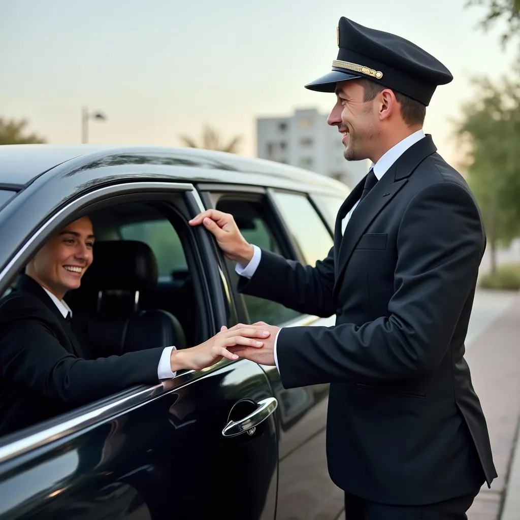 Professional chauffeur in uniform opening the car door for a passenger