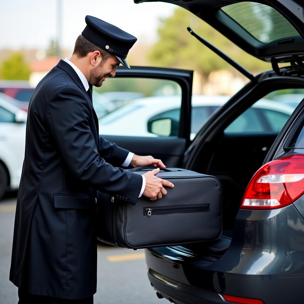 Professional chauffeur assisting passenger with luggage