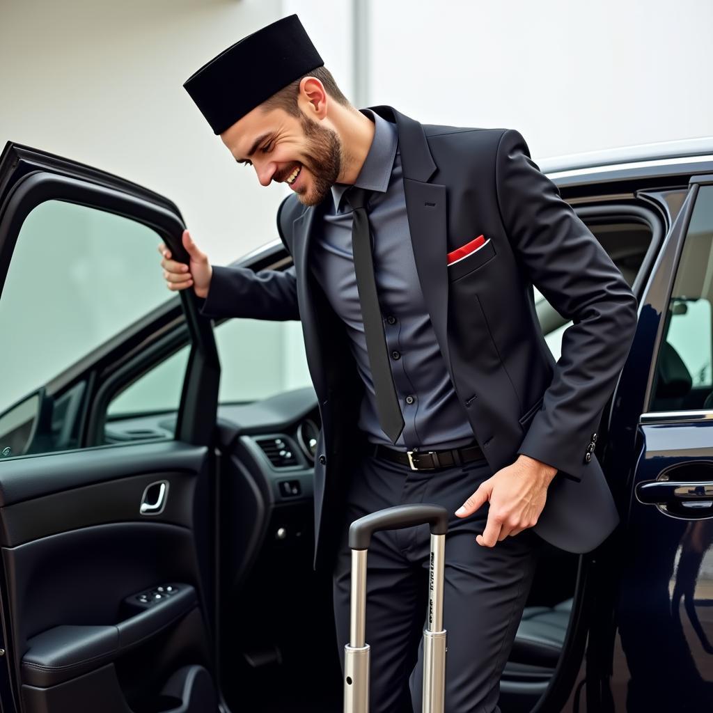 A chauffeur helps a passenger with their luggage 