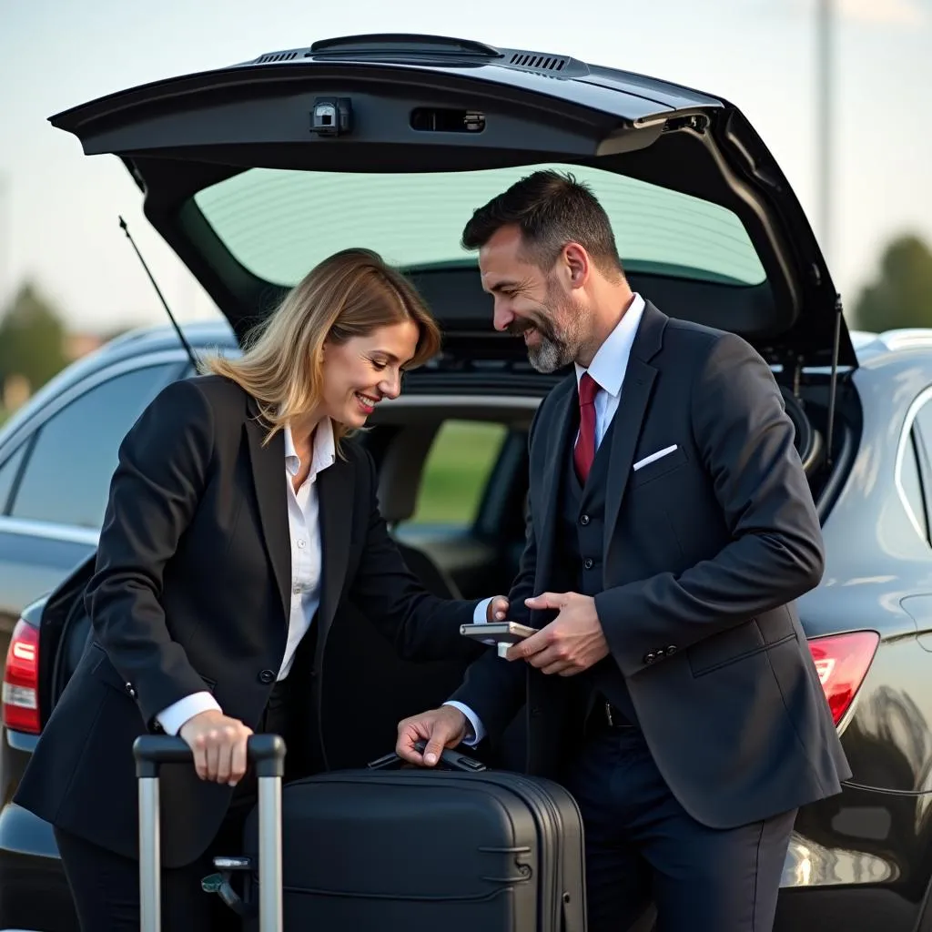 Chauffeur assisting passenger with luggage at airport