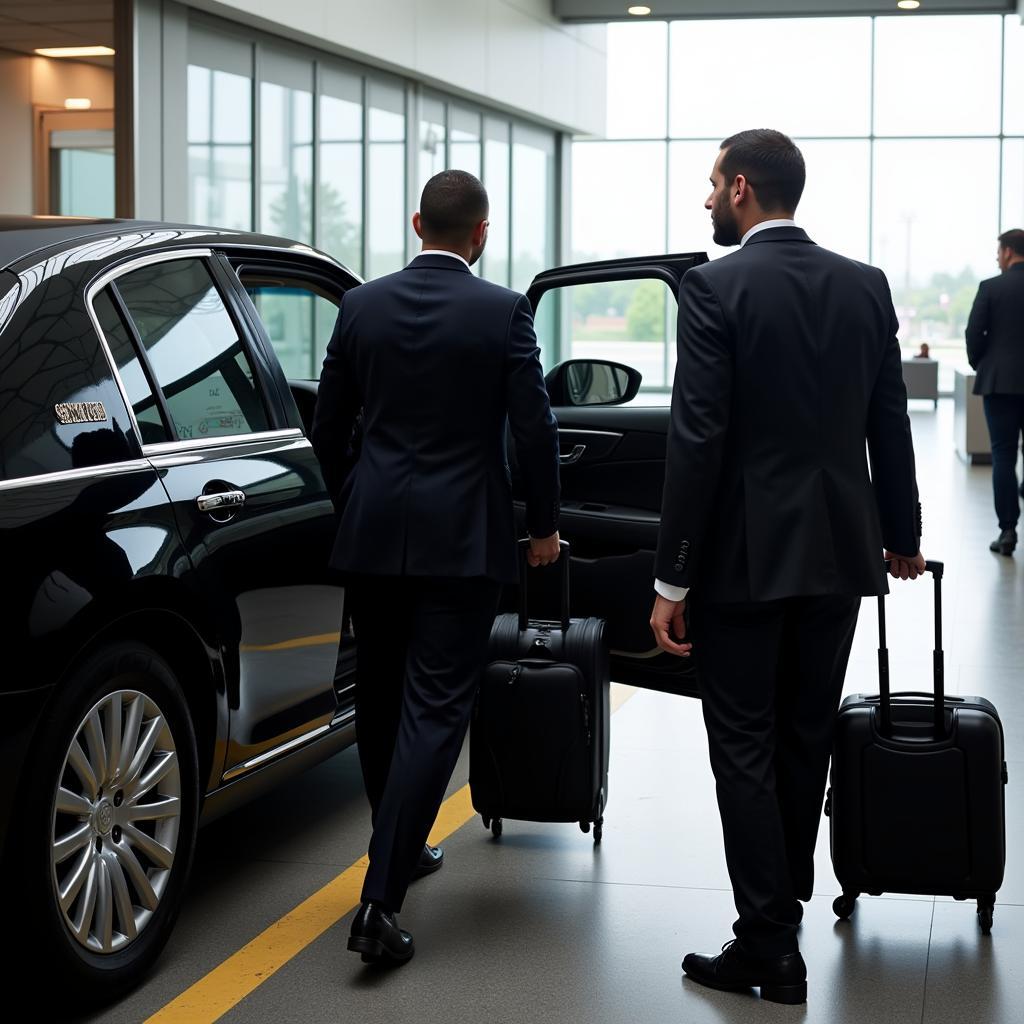 Professional chauffeur assisting passenger from black car limo at KCI Airport