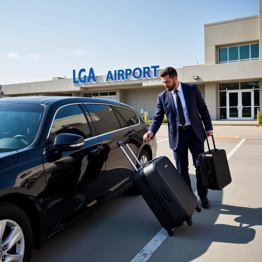 Professional chauffeur greeting a passenger at LGA