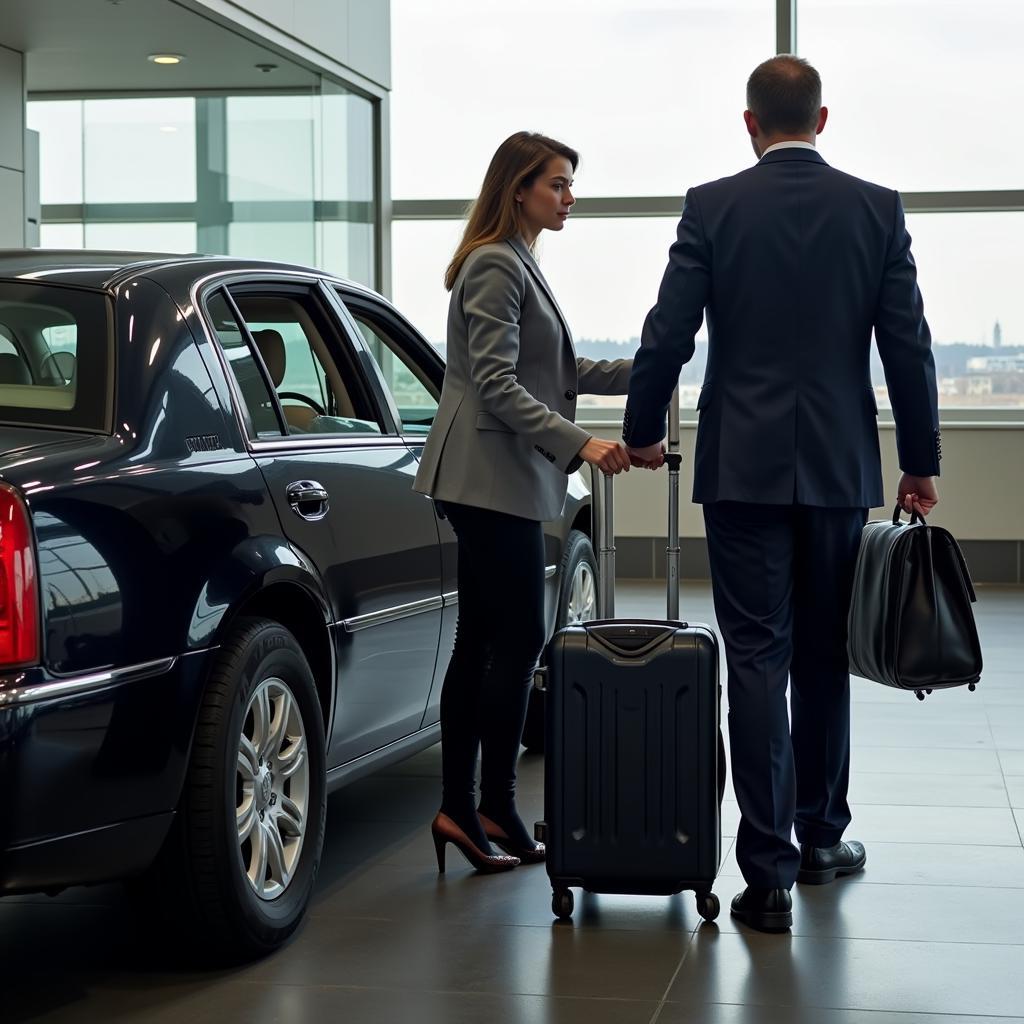 Professional chauffeur helping passenger with luggage at Logan Airport