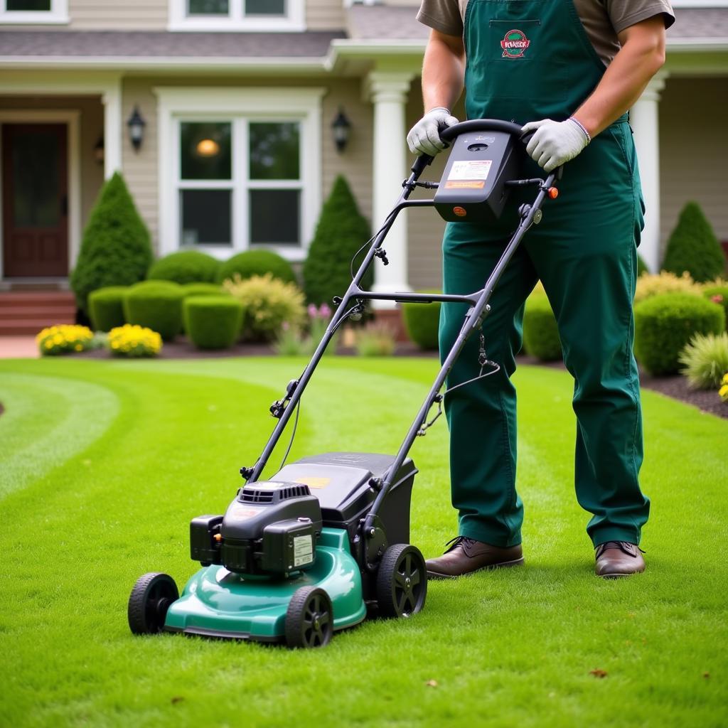 Landscaper using electric equipment to maintain a residential lawn