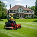 Professional lawn care service mowing a large property with a zero-turn mower