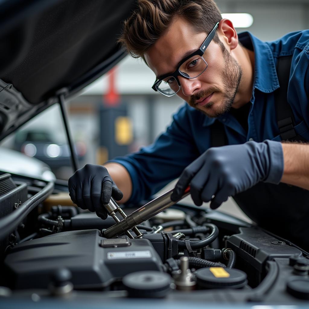 Professional Mechanic Working on a Car Engine