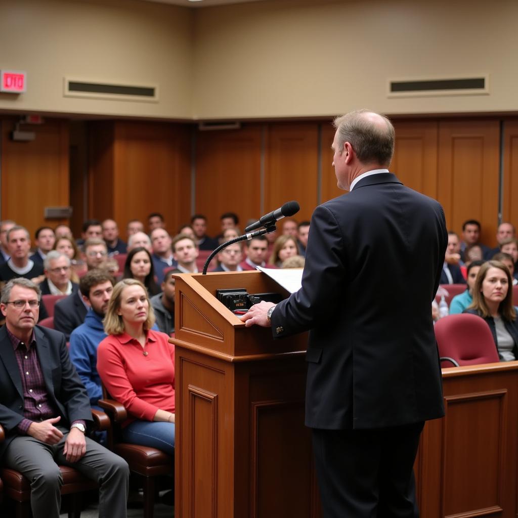 A public servant actively engaging with community members during a meeting