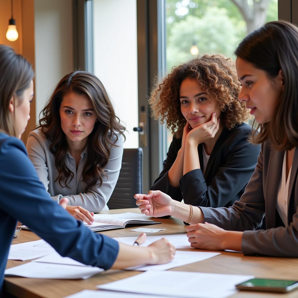 A group of individuals engaged in a lively discussion around a table