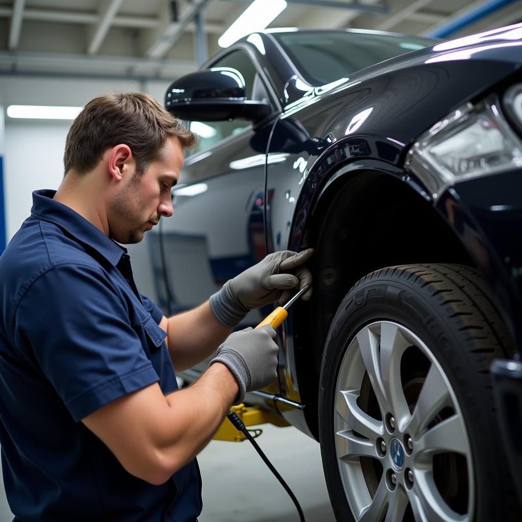 Qualified Mechanic Inspecting Damaged Car on Jig