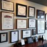 Car mechanic certifications displayed in a Queensferry garage