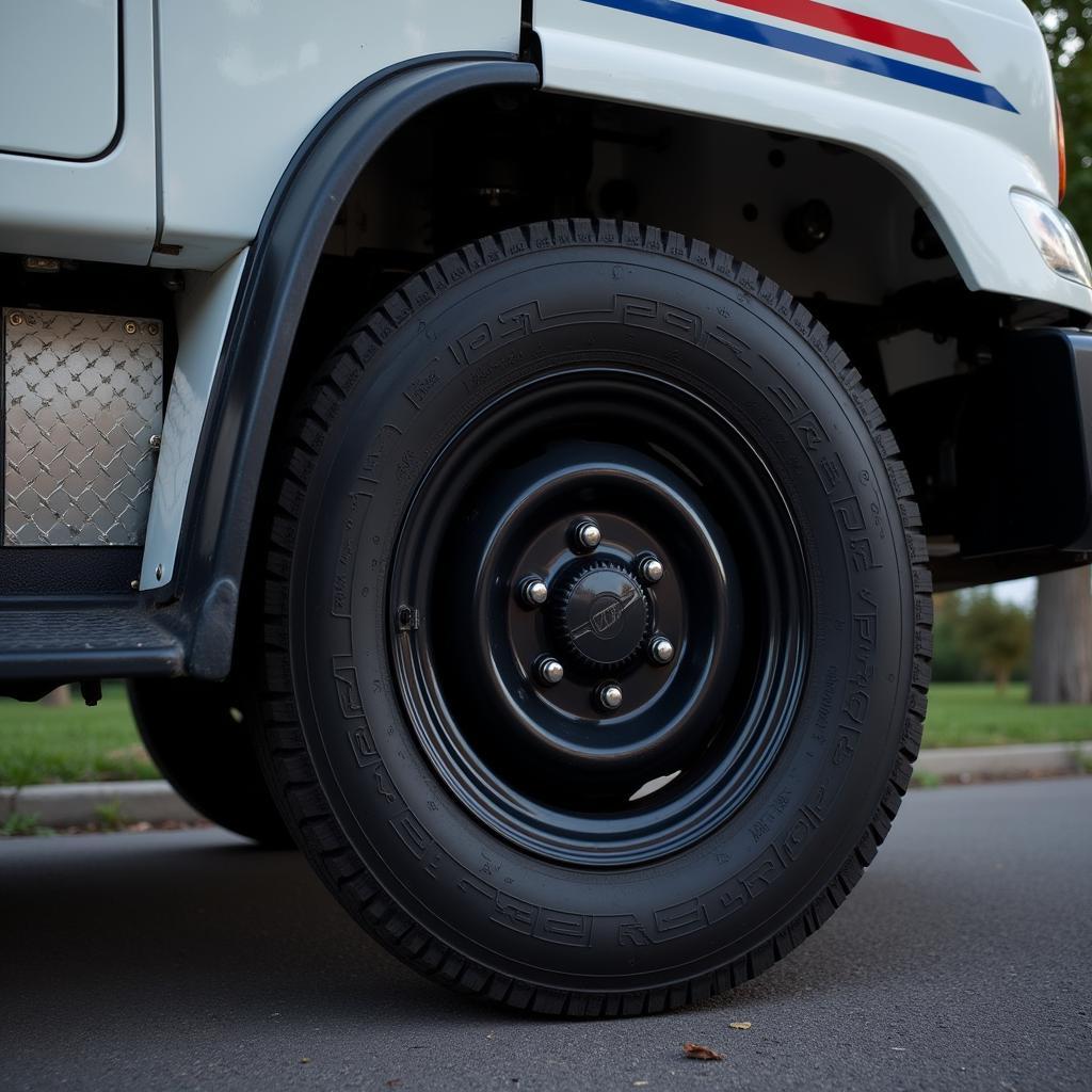 Close-up of the rear wheel of a postal service vehicle