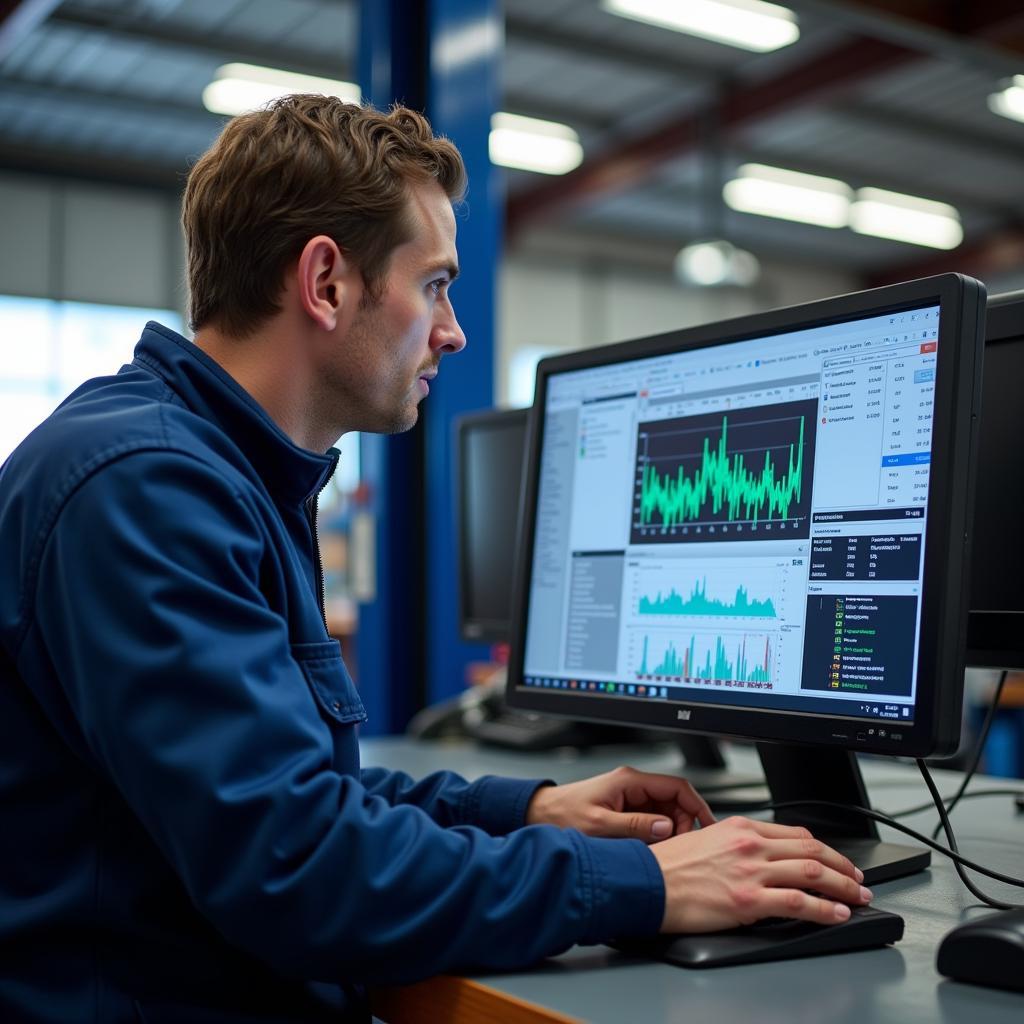 Mechanic analyzing car data on a computer