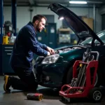 Mechanic inspecting a car in a Heavitree garage