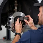 Replacing Brake Pads: Mechanic's hands replacing worn brake pads on a car's disc brake system.