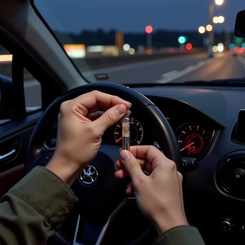 Replacing car fuse at a motorway service station