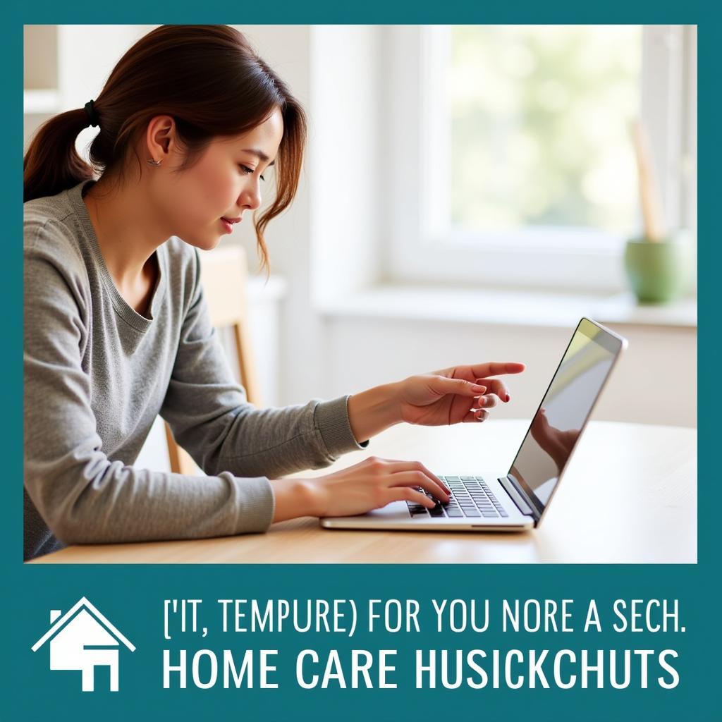 A person researching home care agencies on a laptop, with a cup of coffee beside them