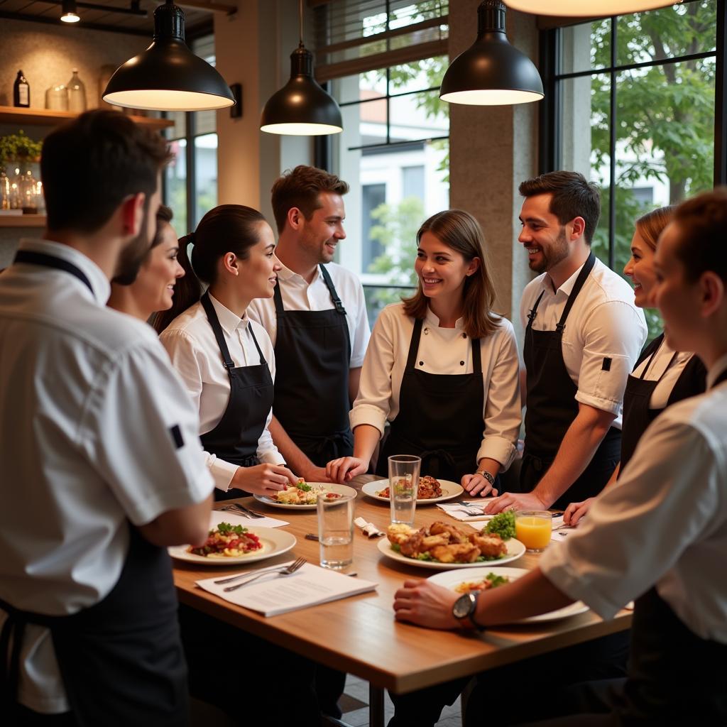 Restaurant staff huddles for a pre-service meeting