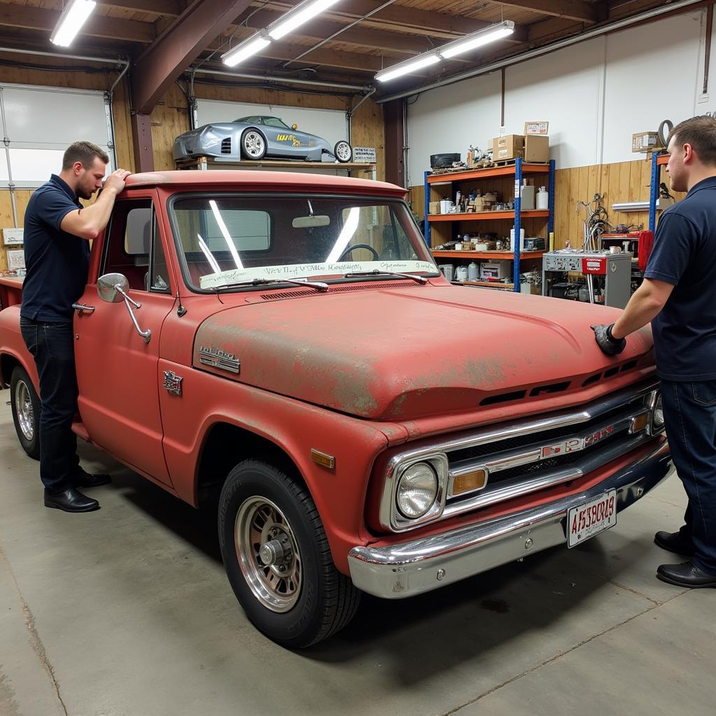 Mechanics Restoring a Vintage Service Car