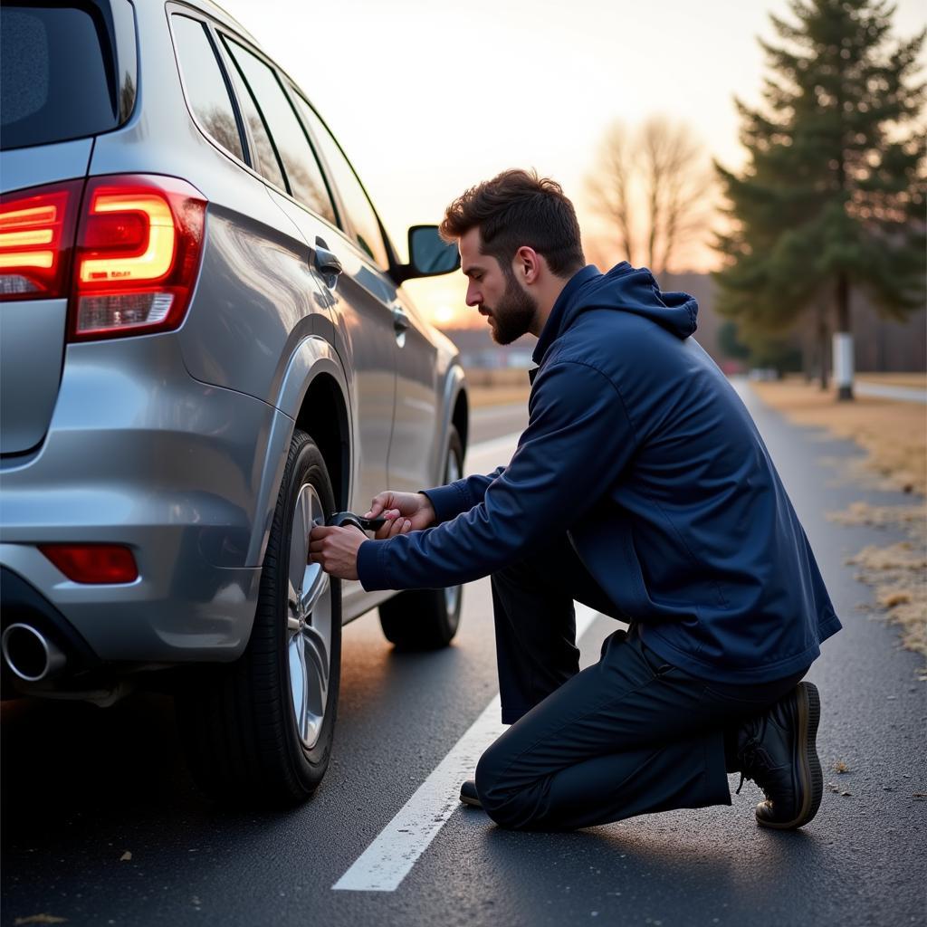 Technician Changing a Flat Tire on a Car